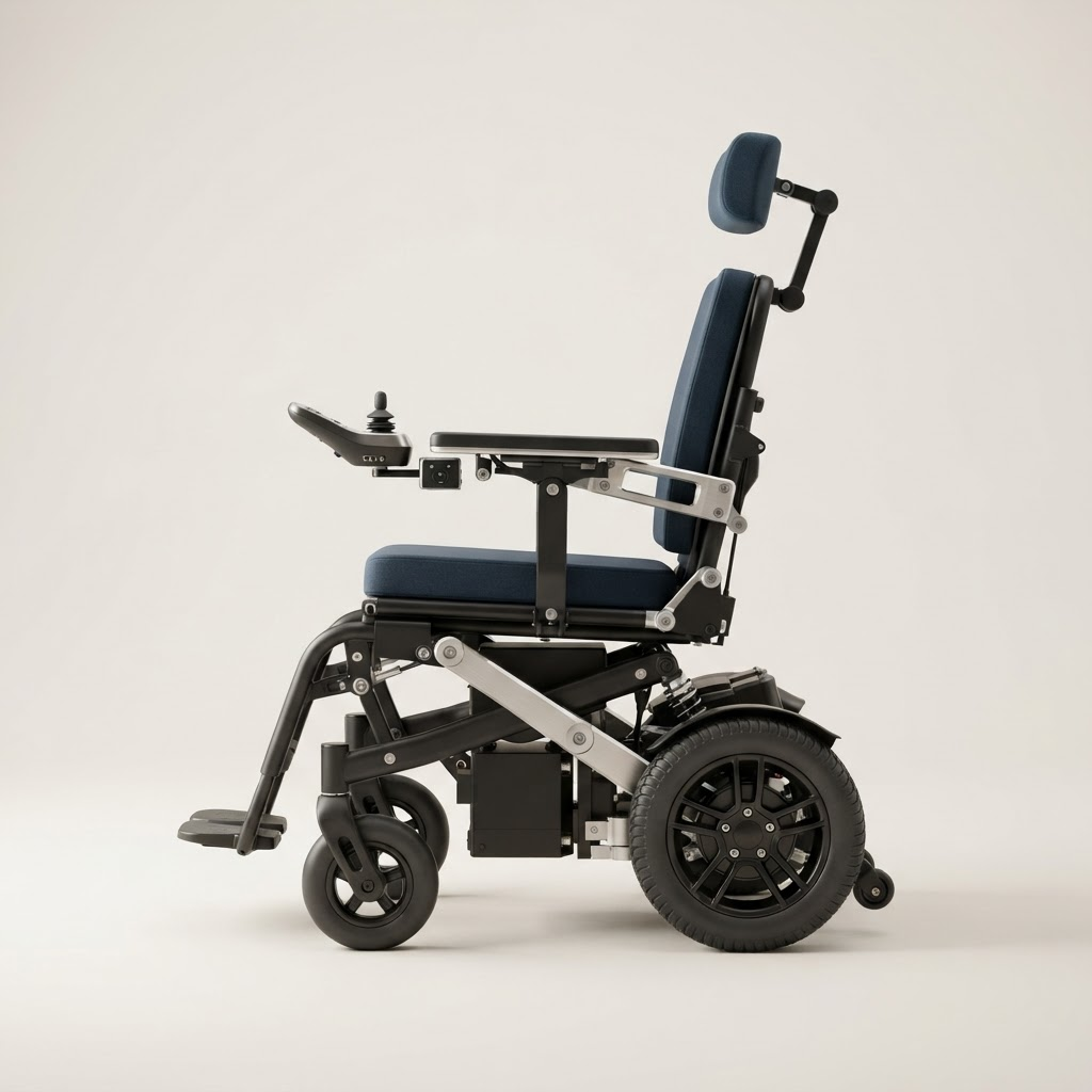 Side profile of a powered wheelchair with navy upholstery and aluminum frame